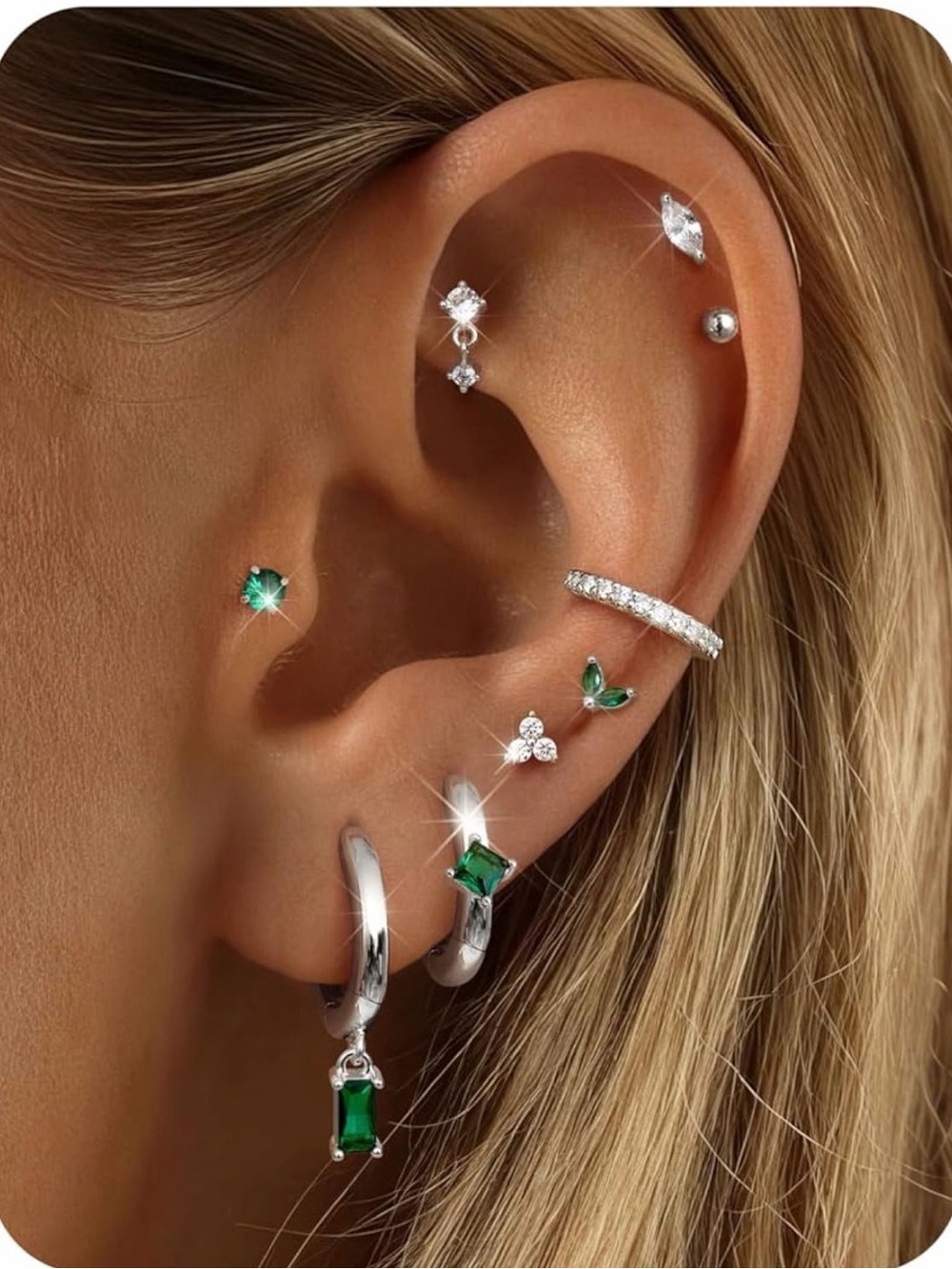 9 pairs silver plated steel hoops and flat back earrings - silver and emerald cz
